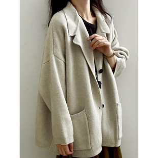 感宽松翻领针织开衫 秋季 上衣p225 慵懒风加厚毛衣外套女 言双