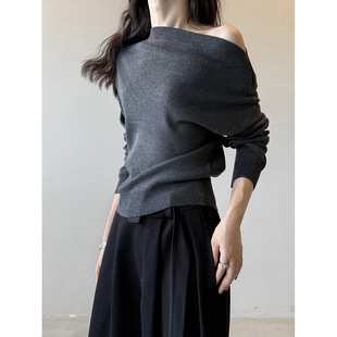 感宽松显瘦打底衫 言双 秋季 女 p529 韩系条纹气质一字肩针织衫