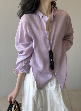 言双 天丝苎麻翻领防晒衬衫女夏季气质宽松显瘦长袖上衣82525