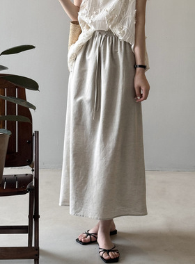 言双 亚麻抽绳高腰半身裙女 夏季文艺开叉中长款休闲A字裙82305