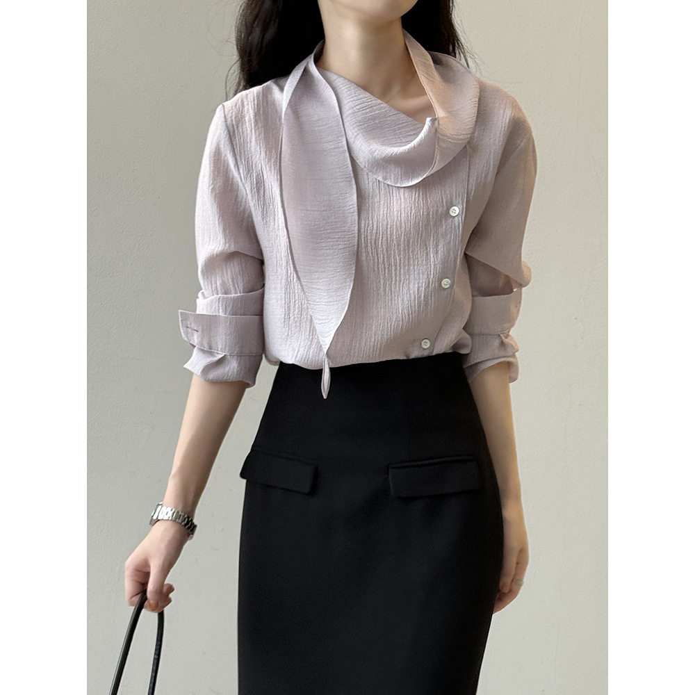 言双设计感飘带长袖衬衫