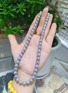 天然海水真多麻项链银灰色8-9mms925扣子圆形小瑕配鉴定证书