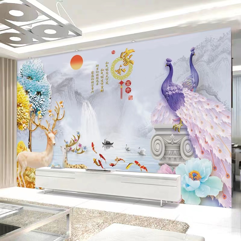 18d电视背景墙壁纸大气家和孔雀现代简约影视墙布墙纸3d客厅壁画