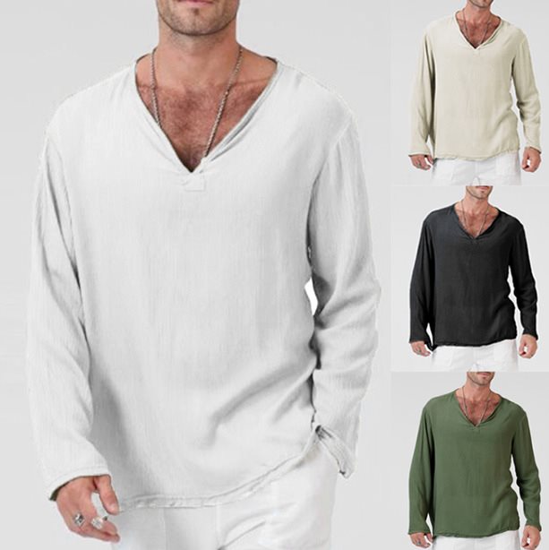 Flaxen folk style loose men v-neck plain long sleeve T-shirtin the Men's clothing, Trousers  category - from Buy2taobao.com to provide professional Taobao agent buy service