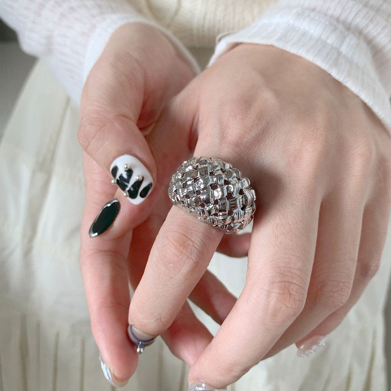 S925镀银夸张个性编织戒指女几何网格时尚嘻哈朋克指环创意食指戒