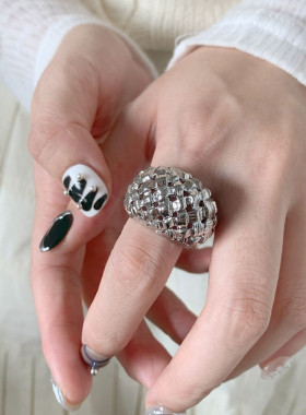 S925镀银夸张个性编织戒指女几何网格时尚嘻哈朋克指环创意食指戒