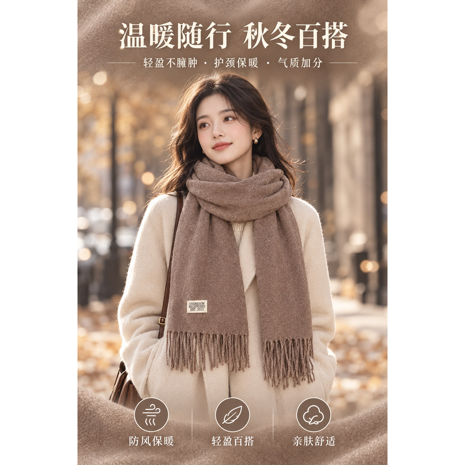 纯色双面仿羊绒围巾仿羊绒围巾女冬季保暖针织围脖百搭美拉德色