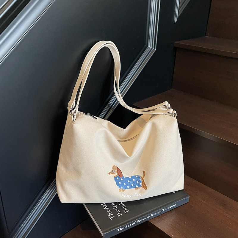 新款帆布包大容量文艺风休闲布包刺绣简约百搭单肩包上班通勤女包