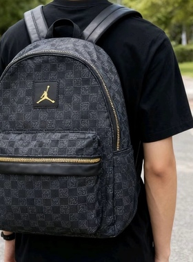 Jordan棋盘格休闲 老花字母满印书包双肩包 大号 黑色FJ6784-010