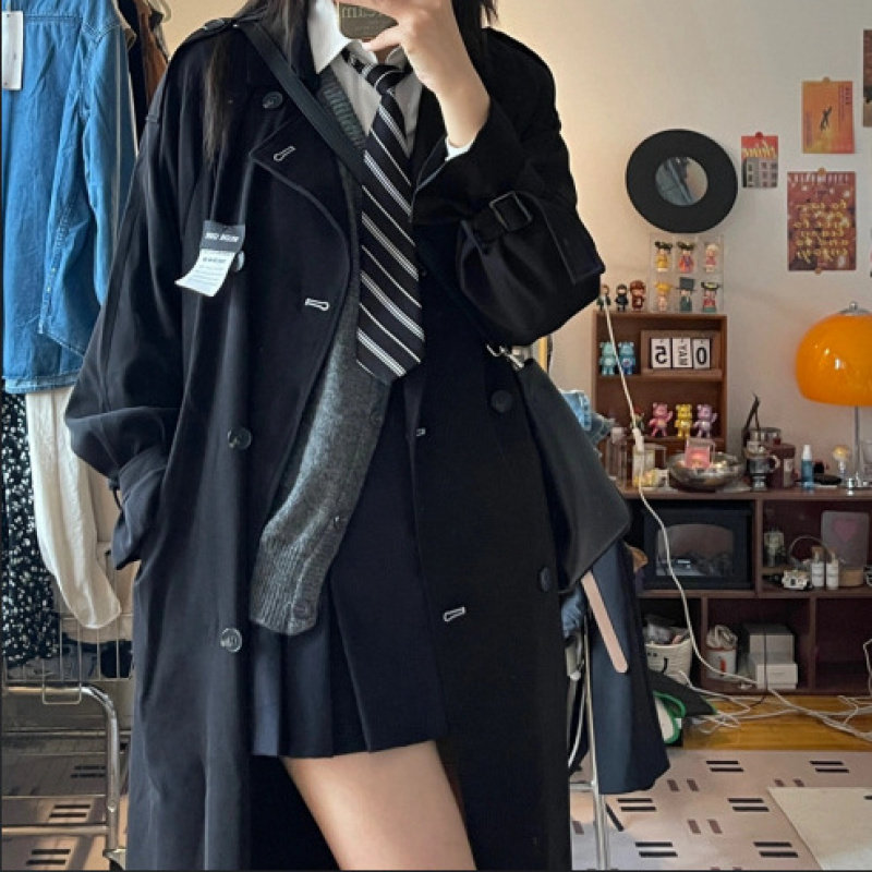 黑色风衣外套女2025新款春秋小个子中长款赫本风薄款早秋百搭大衣