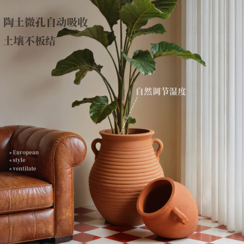 特大号红陶盆庭院栽花阳台种菜粗陶复古陶罐陶土青山花盆陶瓷花瓶