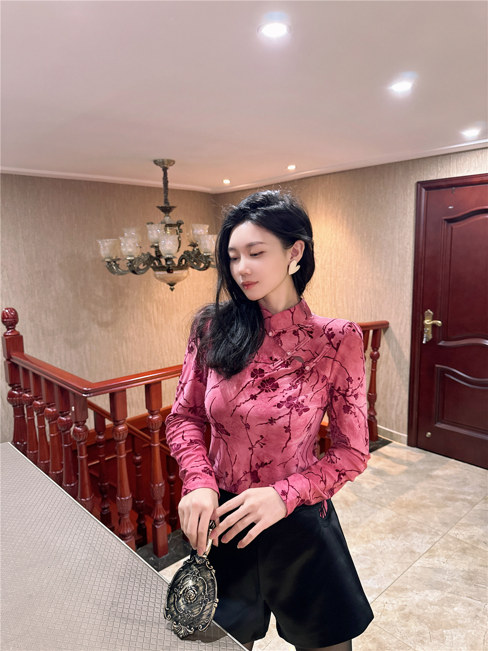 复古长袖立体植绒国风旗袍扣衬衫