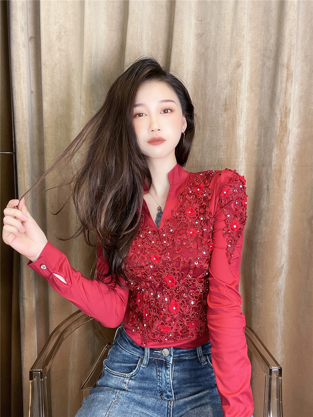 修身弹力棉长袖淑女镶钻衬衫