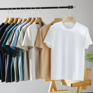 打底衫 简约白底休闲宽松圆领短袖 男士 外贸原单重磅230G水洗棉夏季