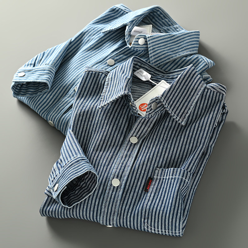 设计师线外贸男装美式复古水洗色织条纹宽松休闲翻领长袖牛仔衬衫,男装,衬衫,淘宝优惠券,粉丝福利购,淘宝优惠卷