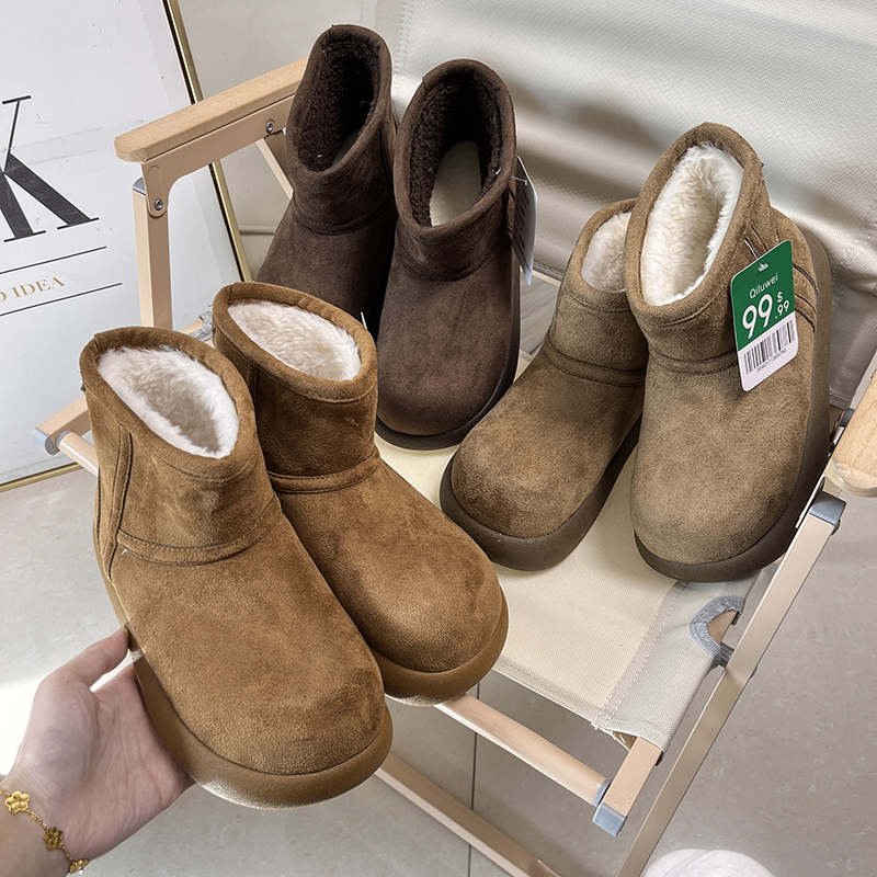 小土豆外贸原单女装秋冬户外加绒圆头厚底保暖雪地靴百搭短靴棉鞋
