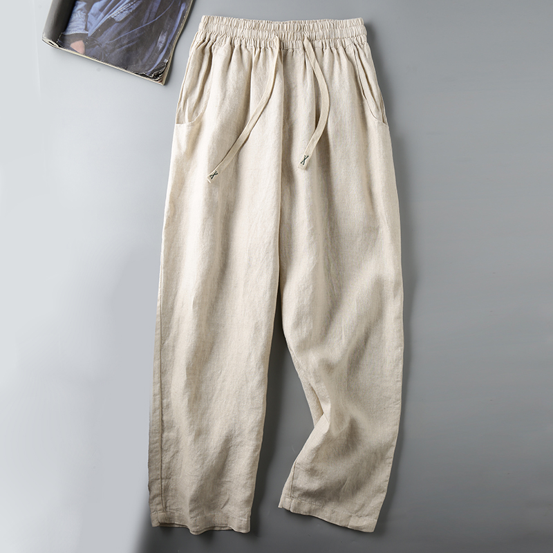 thumbnail for 100% Cotton and Linen! Cool Plaid! Summer Men Elastic Waist Loose Breathable Cotton Linen Straight Casual Pants Tide