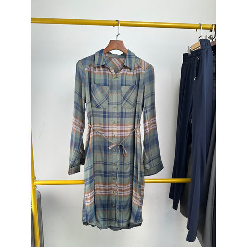 西班牙单外贸女装格纹连衣裙女翻领衬衫裙长袖系带收腰中长款裙子