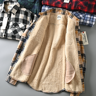 出口美国秋冬男士加绒加厚保暖宽松休闲羊羔毛格子衬衫棉服外套潮