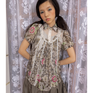 春暗夜双色花园蕾丝短袖 leele Retirement Paradise 上衣 衬衫