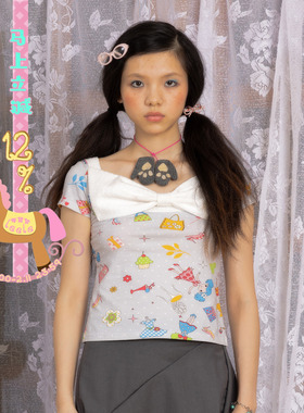 leele Retirement Paradise奶茶美眉手绘印花超短袖上衣 双面穿