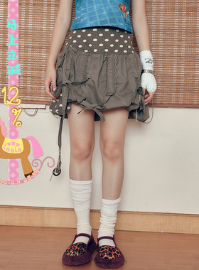 天使武馆 多绑带波点拼接怀旧磨白半身裙
