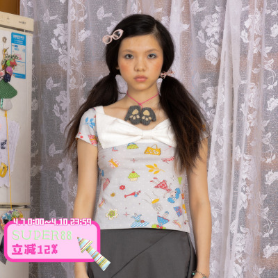 leele Retirement Paradise奶茶美眉手绘印花超短袖上衣 双面穿