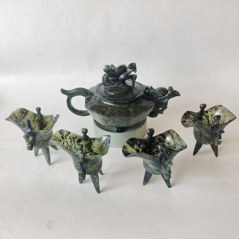 酒泉夜光杯祁连墨玉武山玉雕纯手工酒具茶具防古爵杯正品套装包邮