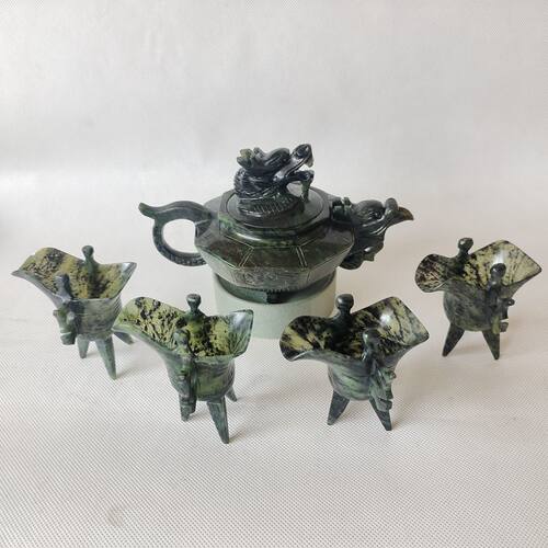 酒泉夜光杯祁连墨玉武山玉雕纯手工酒具茶具防古爵杯正品套装包邮