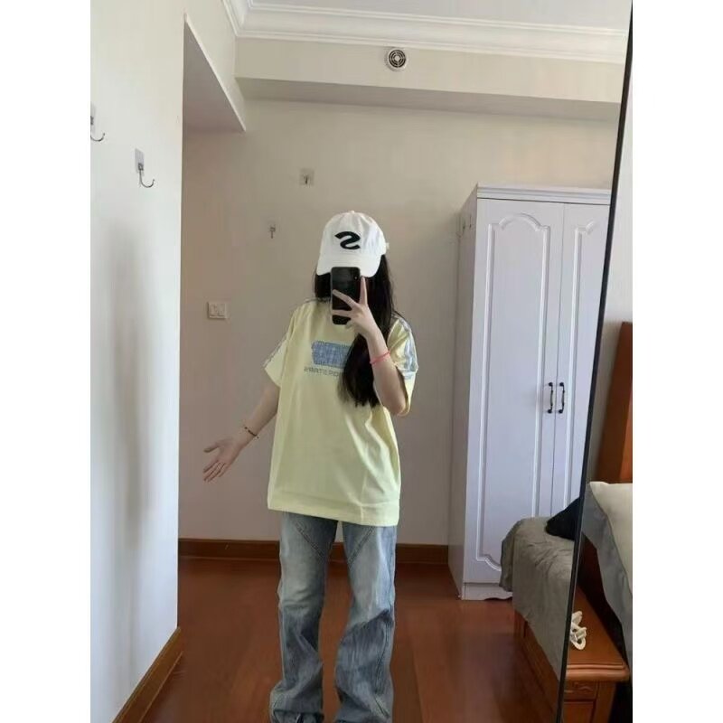 纯棉奶黄色条纹刺绣t恤女宽松夏