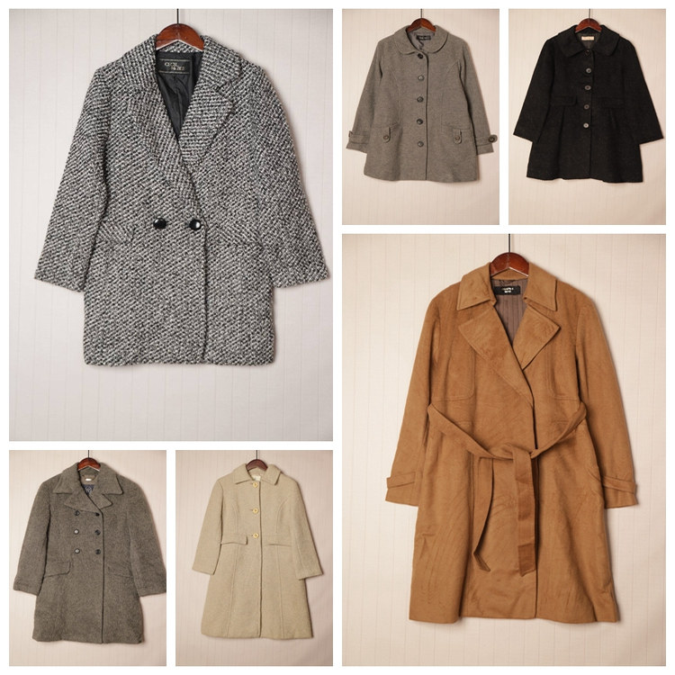 秋冬Vintage复古英伦风拼接色毛呢子大衣  D73