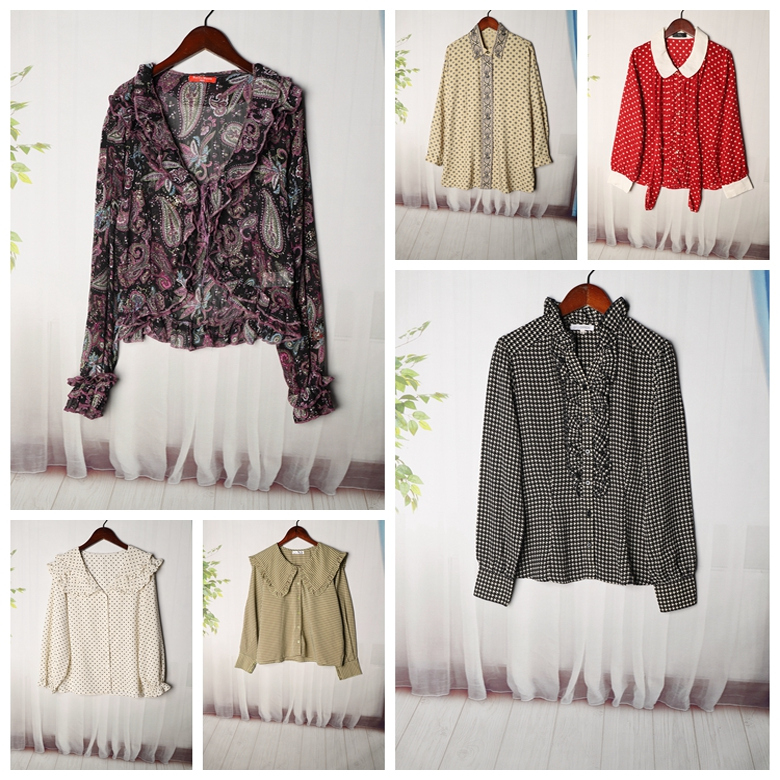 日制Vintage夏季简约碎花纯色大翻领木耳领清凉飘带女衬衫Y370