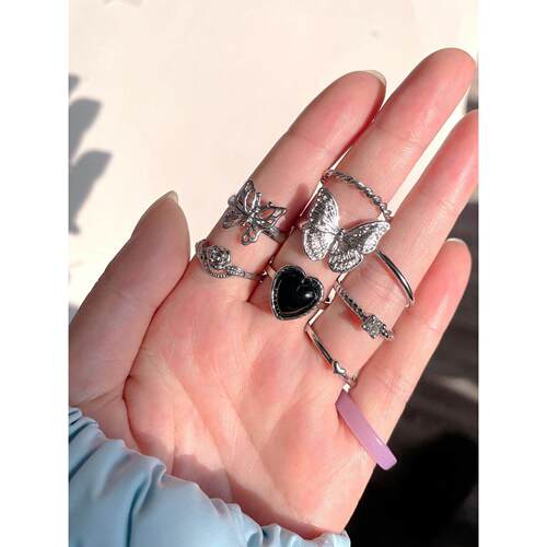 Skull Ring set of 7 pieces rings覆古个性夸张骷髅猫头鹰戒指潮