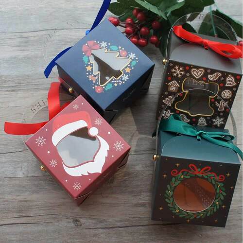 12pcs Christmas Paper Box with Window Handle Candy Box Soap