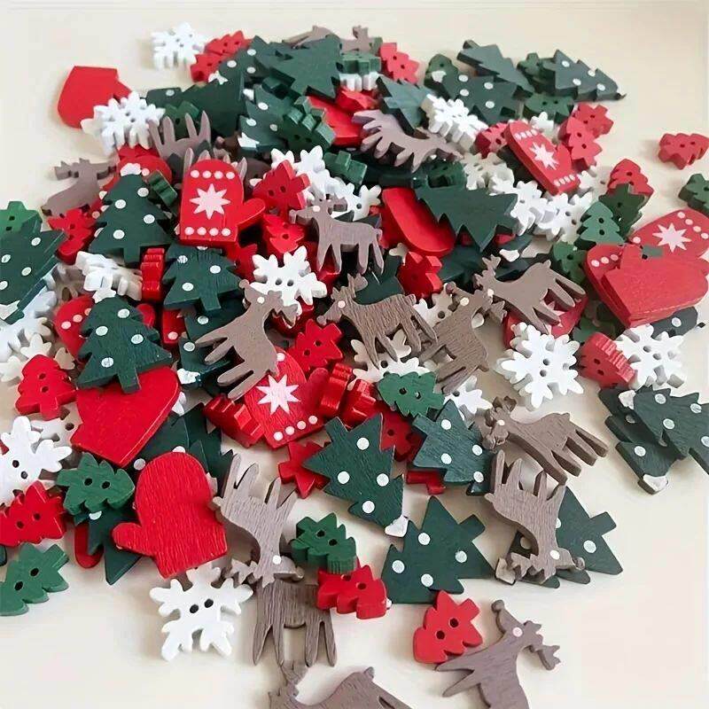 50PCS Christmas Wooden Buttons - Various Decorative Wooden