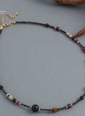 新中式国风天然石黑玛瑙手工串珠项链小众设计复古百搭黑尖晶颈链