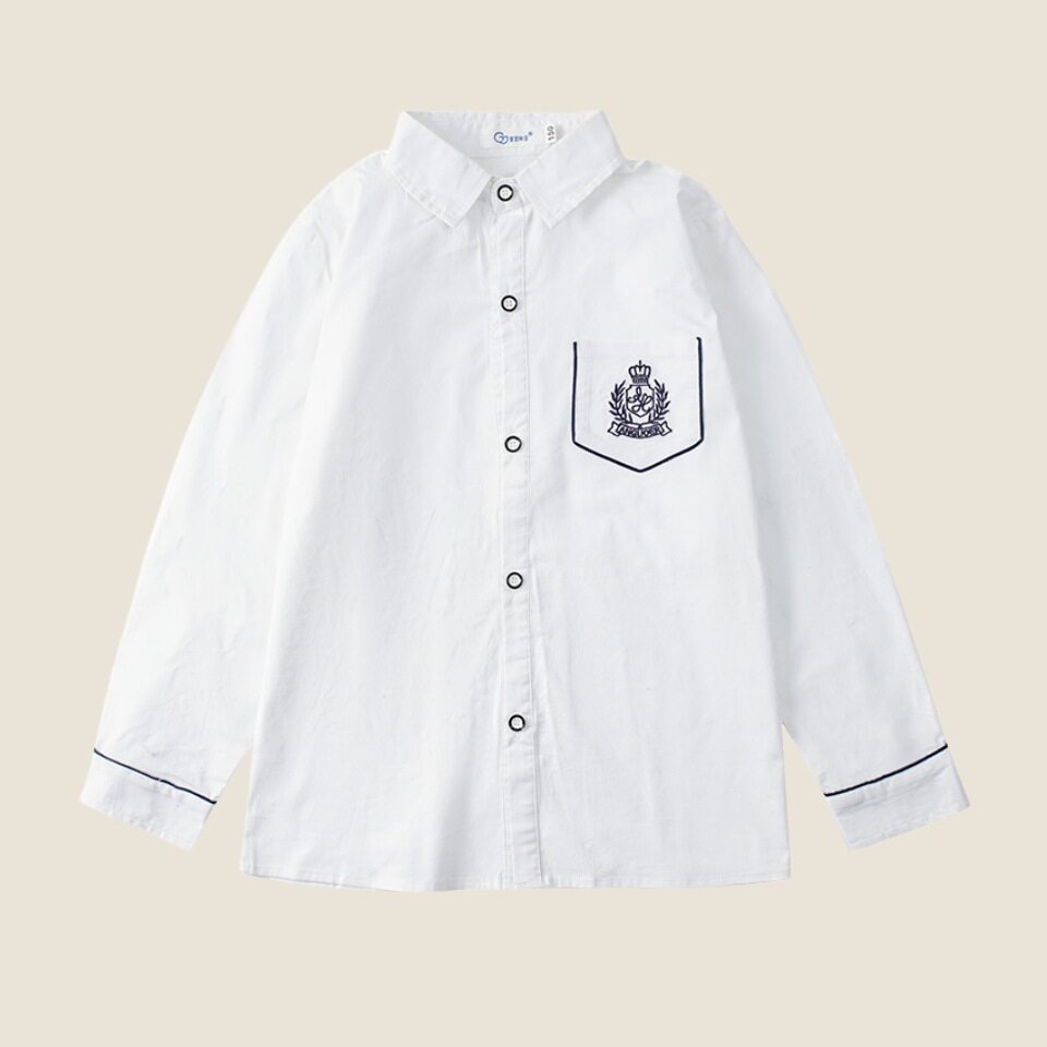 儿童衬衫浅蓝花边长袖中小学生校服英伦风刺绣白色男女童休闲衬衣