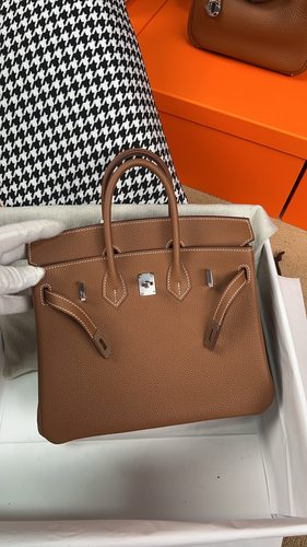 顶顶版本正宗德国进口万哈梅尔原厂togo皮铂金25金棕色银扣手提包