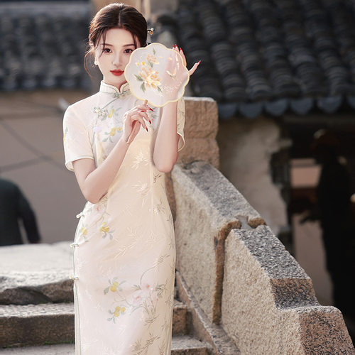 夏季新款小个子旗袍提花复合少女长款显瘦立领旗袍日常女