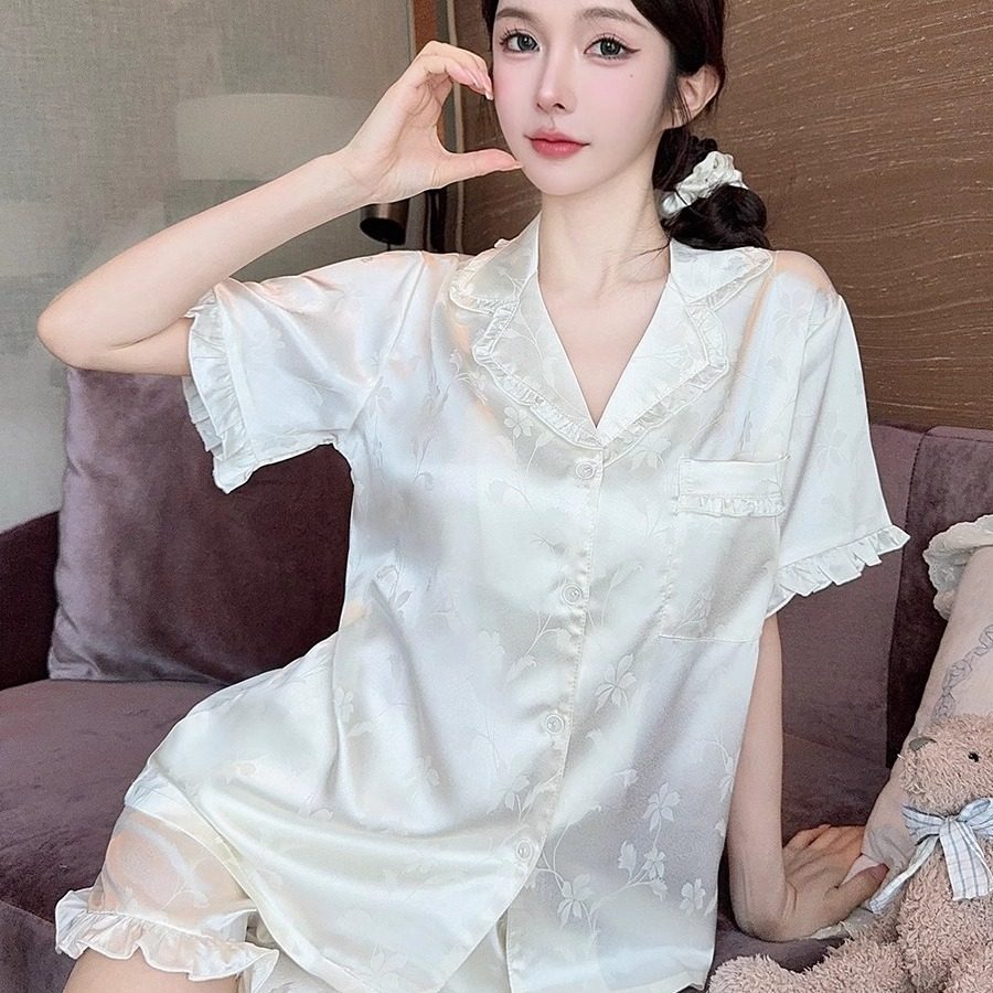 真丝高级睡衣女秋款短袖短裤套装