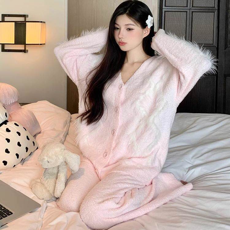 半边绒睡衣女秋冬季珊瑚绒加厚V领开衫新中式国风粉色甜美家居服