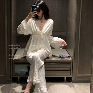 真丝睡衣性感纯欲蕾丝花边三件轻奢高级感带胸垫可外穿家居服套装