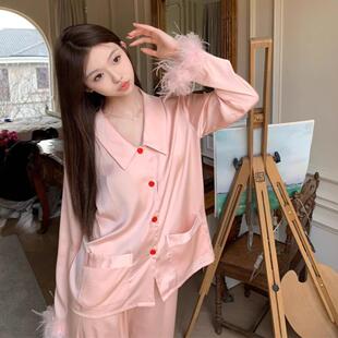 真丝睡衣女款2025新款宫廷风羽毛袖口长袖丝滑凉爽家居服套装