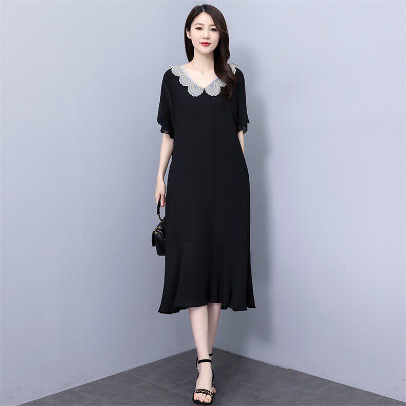 大码200斤雪纺连衣裙夏季胖mm加肥加大妈妈短袖圆领宽松黑色裙子