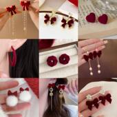 红丝绒蝴蝶结耳环长款 流苏中式 新娘耳钉复古高级感订婚耳饰女