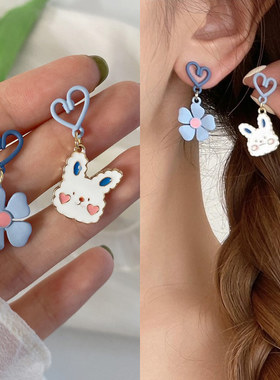 甜美爱心蓝色花朵兔子耳钉2024年新款爆款耳夹无耳洞耳饰女耳环