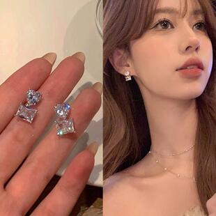 超闪几何爱心锆石耳环女2024年新款潮耳钉小众设计感无耳洞耳夹款