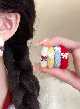 软糯冬日法式毛绒蝴蝶结耳圈高级感小众气质红色耳环甜美耳饰女