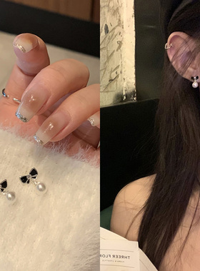 秋冬小香风黑色蝴蝶结珍珠耳钉女2024新款爆款耳环春天高级感耳饰