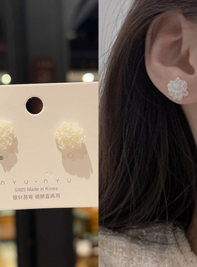 特美一朵花清新玫瑰白色花朵耳钉女独特耳饰小众设计感无耳洞耳夹